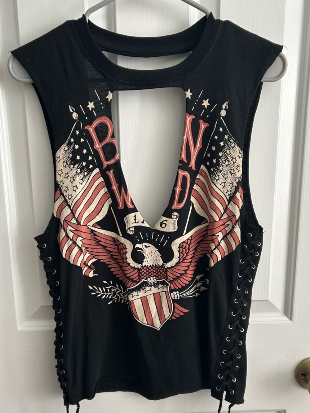 Forever 21 Black Eagle Flag Lace-Up V-Cut Tank